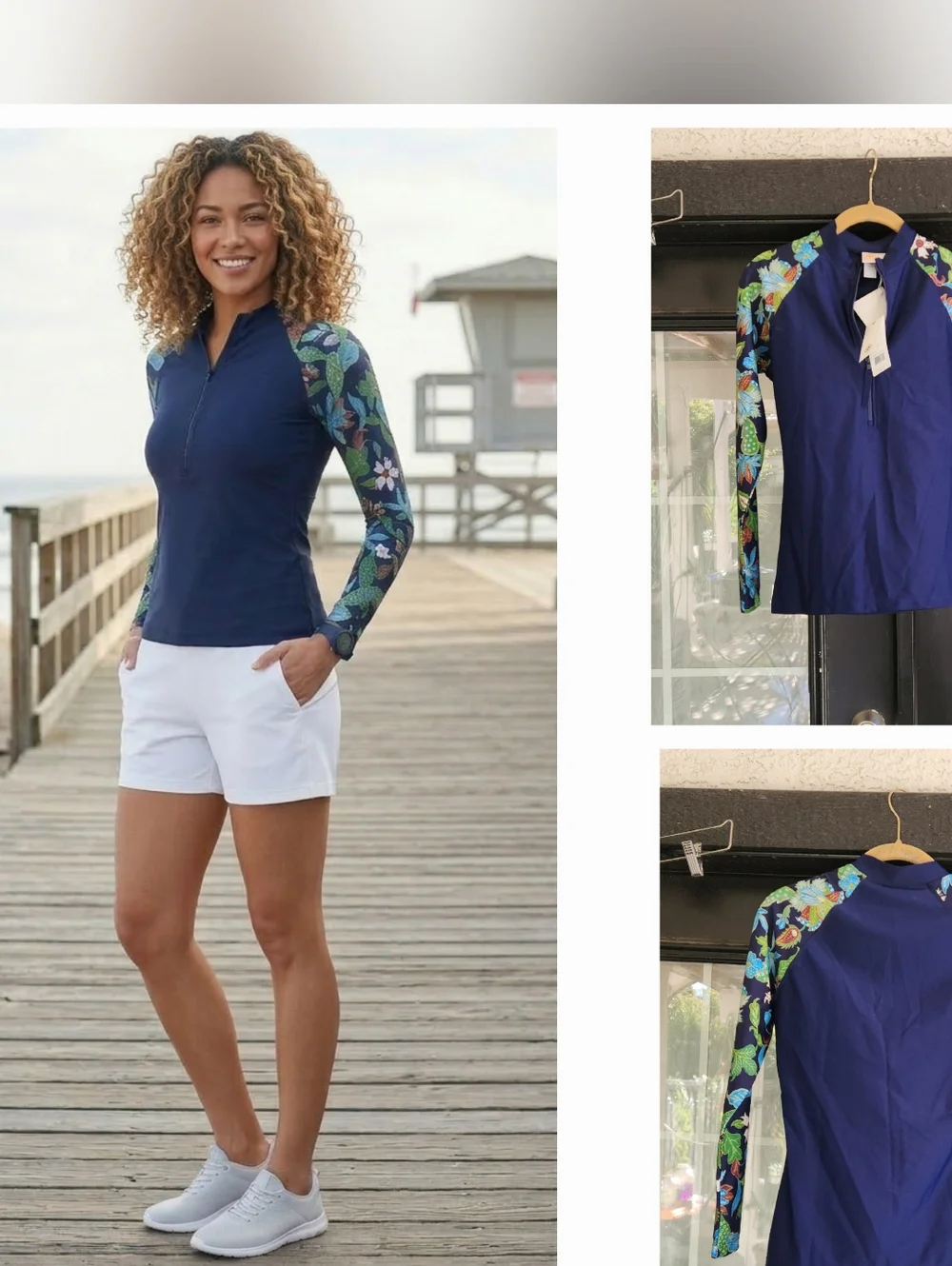 Navy Blue Floral Sleeve Sun Shirt - Picture 1 of 1